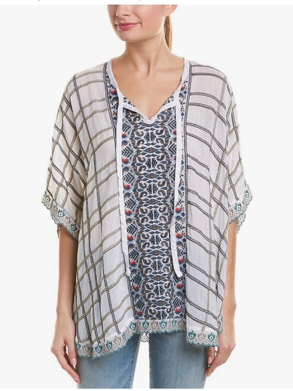 Johnny Was Cherpas Poncho with Blue and Teal Embroidered Panels EUC